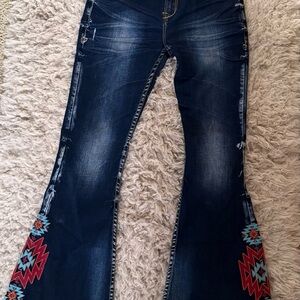 Cowgirl Tuff Dark Wash Flare Jeans with Turquoise & Red Embroidery